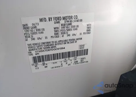 2013 Ford Explorer Xlt z USA, uszkodzony, nr VIN 1FM5K7D87DGC61594